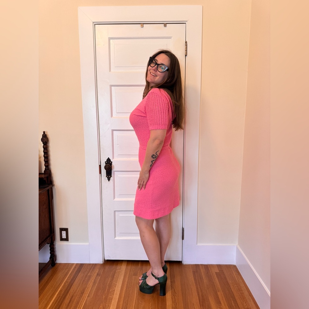 60s Vintage Barbie Pink bouclé Knit Wiggle Dress Sz M - Picture 2 of 9